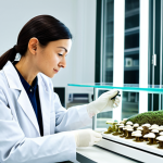 A professional female scientist in a pristine white lab coat and modest professional dress, meticulously examining a sample of mushroom mycelium packaging in a clean, brightly lit modern laboratory. On a polished surface, transparent, flexible films made from seaweed are also visible. The background shows blurred, advanced lab equipment and a hint of lush greenery, symbolizing sustainable practices. The overall lighting is bright and even, conveying a sense of innovative scientific progress. safe for work, appropriate content, fully clothed, professional, perfect anatomy, correct proportions, natural pose, well-formed hands, proper finger count, natural body proportions, professional photography, high quality.