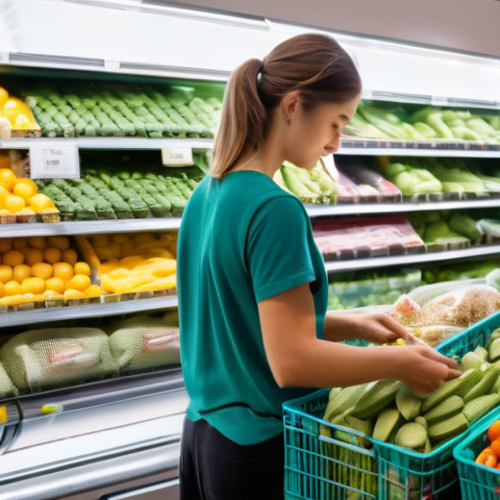 대체 플라스틱 소재와 환경 정책 - **A modern and brightly lit European supermarket aisle, bustling with shoppers engaged in sustainabl...