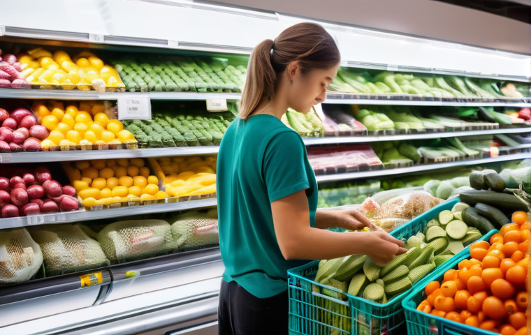 대체 플라스틱 소재와 환경 정책 - **A modern and brightly lit European supermarket aisle, bustling with shoppers engaged in sustainabl...