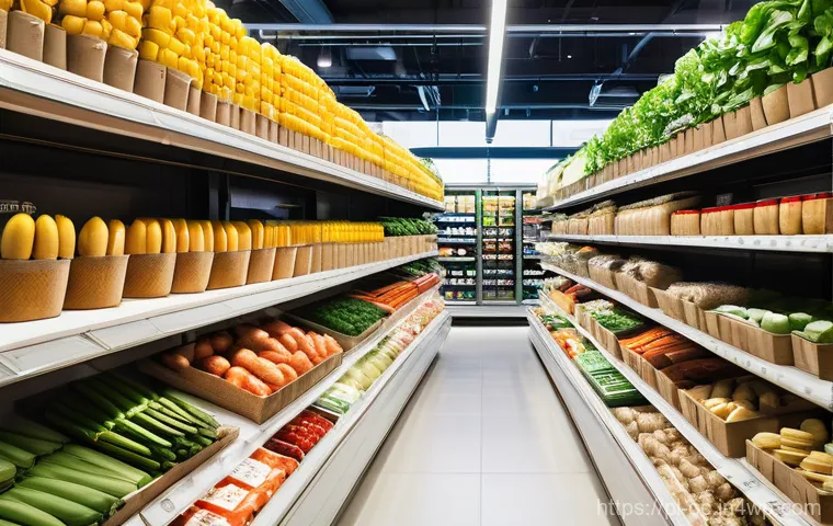 대체 플라스틱 소재의 산업별 활용 - Image Prompt 1: Future Supermarket Packaging** 대체 플라스틱 소재의 산업별 활용 - Image Prompt 1: Future Supermarket Packaging**