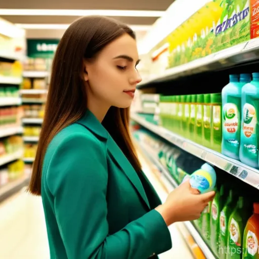 대체 플라스틱 소재의 소비자 인식 변화 - A thoughtfully composed scene inside a modern Polish supermarket. A young adult woman, in her late t...