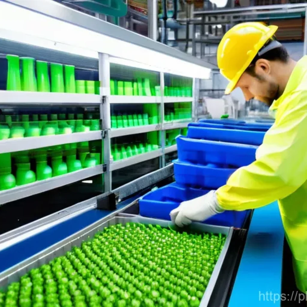 대체 플라스틱 소재의 지속 가능한 공급망 - **A Vision of Green Innovation in Poland:**
A bustling, modern Polish factory floor where cuttin...