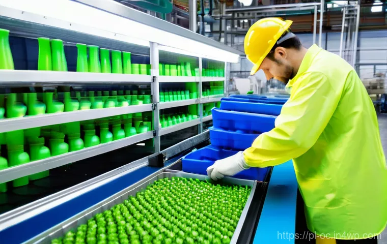 대체 플라스틱 소재의 지속 가능한 공급망 - **A Vision of Green Innovation in Poland:**
A bustling, modern Polish factory floor where cuttin...