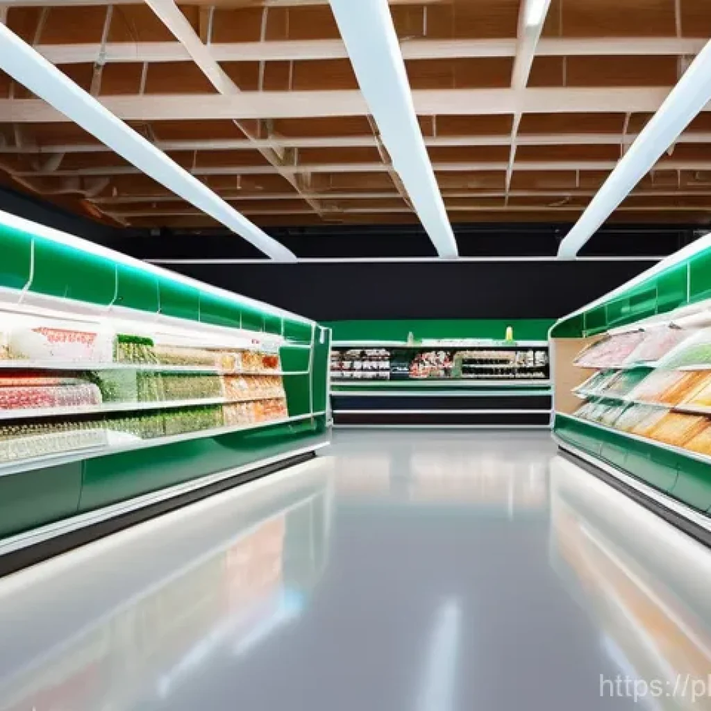 대체 플라스틱 소재의 시장 전망 - **Prompt 1: Futuristic Bioplastic Supermarket Aisle**
    "A brightly lit, ultra-modern supermarket ...
