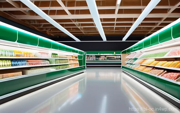 대체 플라스틱 소재의 시장 전망 - **Prompt 1: Futuristic Bioplastic Supermarket Aisle**
"A brightly lit, ultra-modern supermarket ...