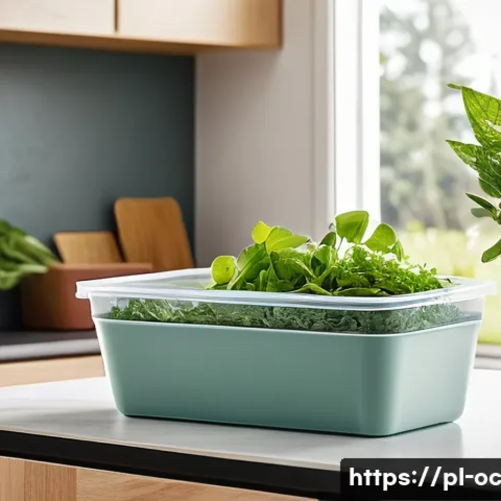 대체 플라스틱 소재의 연구개발 동향 - **Prompt 1: "Home Composting with Biodegradable Packaging"**
A bright, clean, and modern kitchen...