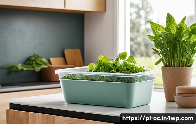 대체 플라스틱 소재의 연구개발 동향 - **Prompt 1: "Home Composting with Biodegradable Packaging"**
A bright, clean, and modern kitchen...