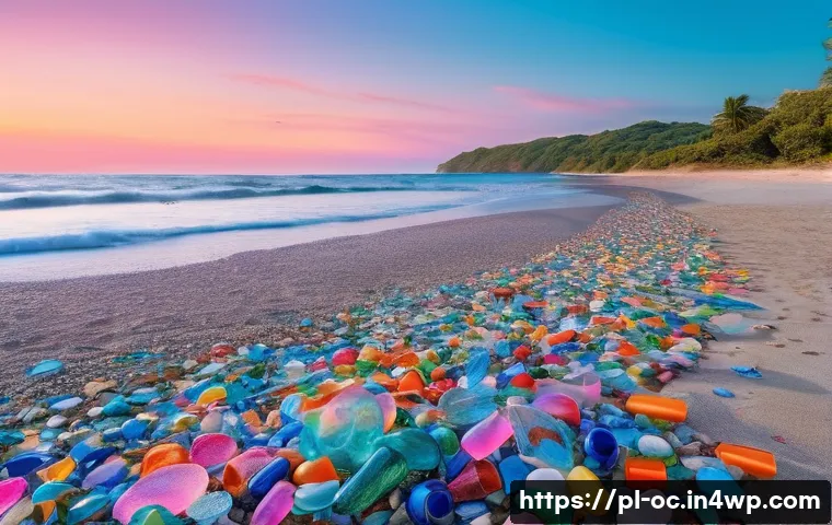 대체 플라스틱 소재의 사회적 책임 경영 - **Prompt 1: The Art of Repurposed Shores**
A wide shot of a serene, sun-drenched beach at dawn, ...