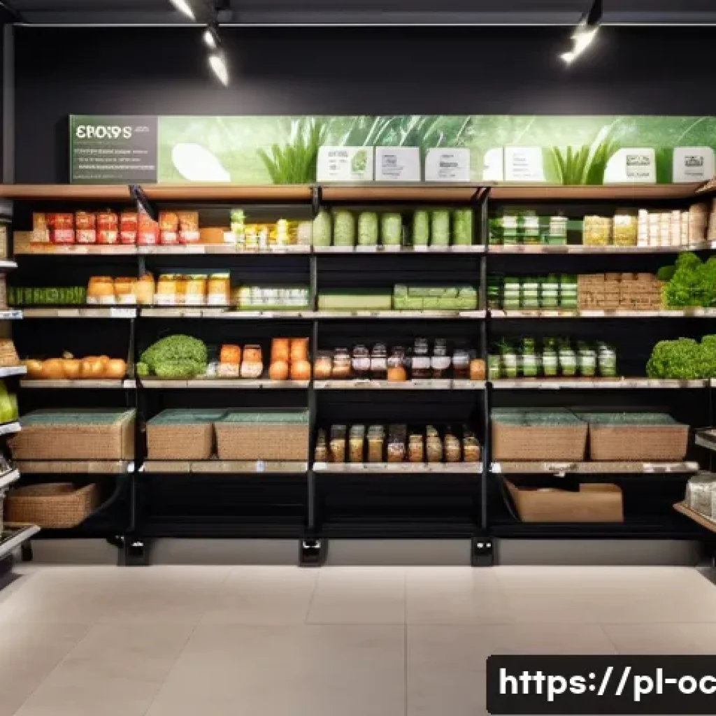 대체 플라스틱 소재의 기후 변화 대응 - A modern eco-friendly grocery store interior in Poland, showcasing biodegradable shopping bags made ...
