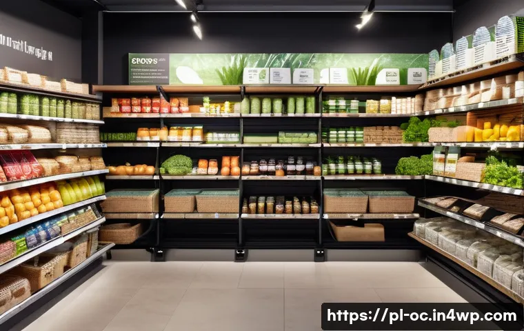 대체 플라스틱 소재의 기후 변화 대응 - A modern eco-friendly grocery store interior in Poland, showcasing biodegradable shopping bags made ...