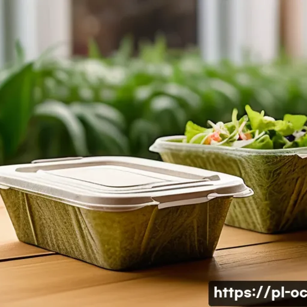 대체 플라스틱 소재와 글로벌 마케팅 전략 - A close-up image of eco-friendly disposable food packaging made from sugarcane bagasse, placed on a ...