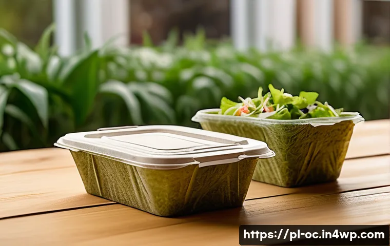 대체 플라스틱 소재와 글로벌 마케팅 전략 - A close-up image of eco-friendly disposable food packaging made from sugarcane bagasse, placed on a ...