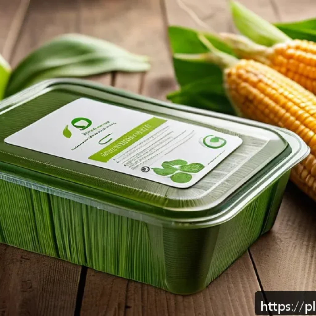 대체 플라스틱 소재의 전환 과정 - A close-up scene of eco-friendly bioplastic products made from corn and sugarcane, including transpa...