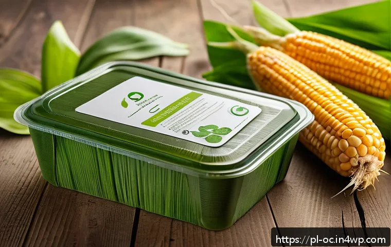 대체 플라스틱 소재의 전환 과정 - A close-up scene of eco-friendly bioplastic products made from corn and sugarcane, including transpa...