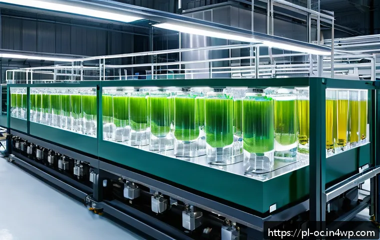 대체 플라스틱 소재의 대량 생산 가능성 - A detailed industrial bioplastics production line inside a modern European factory, showcasing advan...