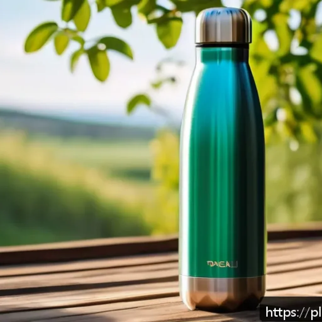 대체 플라스틱 소재의 소비자 선택 기준 - A stylish reusable stainless steel water bottle placed on a rustic wooden table outdoors, with natur...