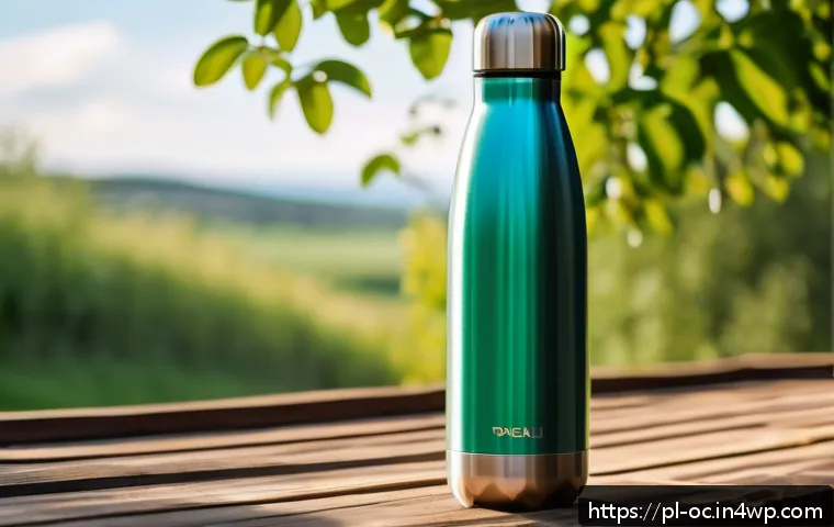대체 플라스틱 소재의 소비자 선택 기준 - A stylish reusable stainless steel water bottle placed on a rustic wooden table outdoors, with natur...
