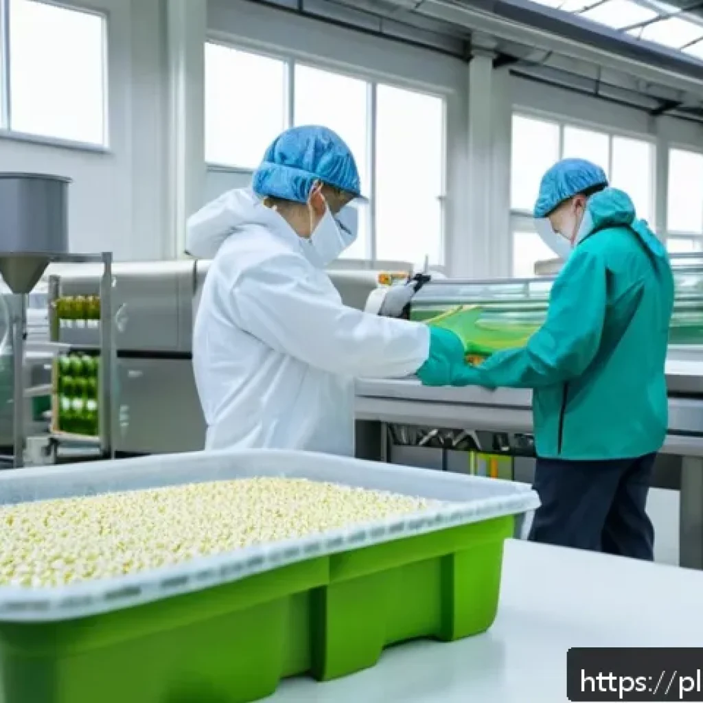 대체 플라스틱 소재의 사업 기회 - A modern eco-friendly packaging production line in a clean, bright factory setting in Poland, showca...
