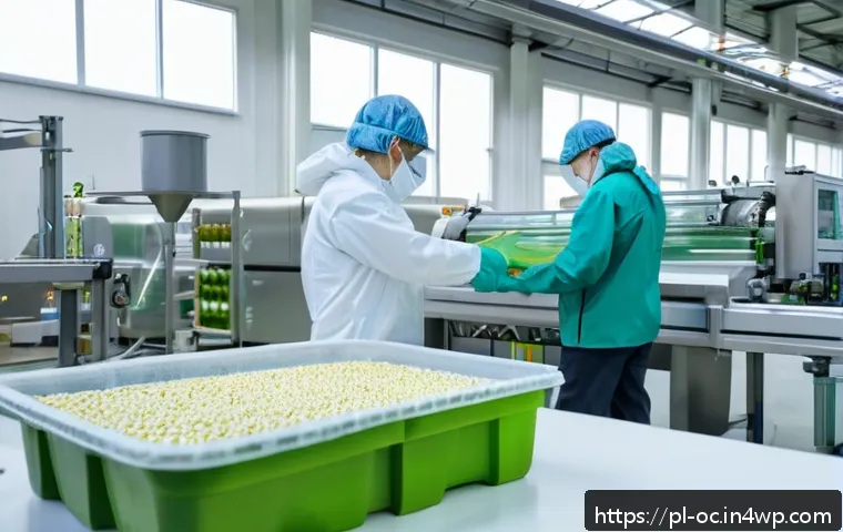 대체 플라스틱 소재의 사업 기회 - A modern eco-friendly packaging production line in a clean, bright factory setting in Poland, showca...