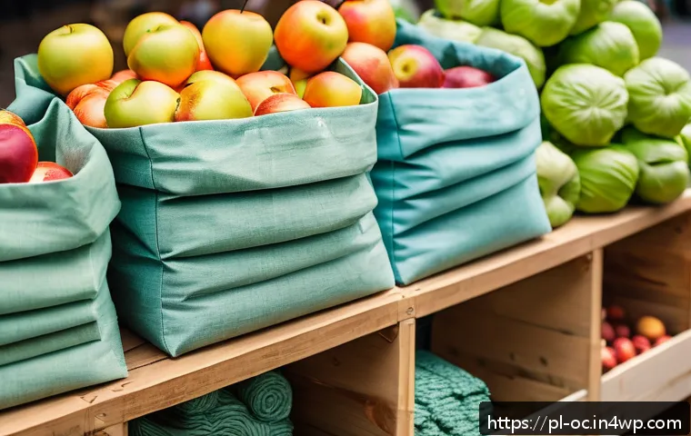 대체 플라스틱 소재의 장단점 분석 - A detailed close-up of eco-friendly reusable shopping bags made from natural cotton fabric, neatly f...